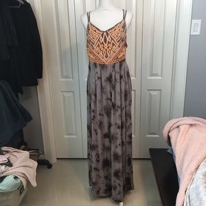 Ecote Dress Large Maxi Gray Tie Dye Embroider Boho